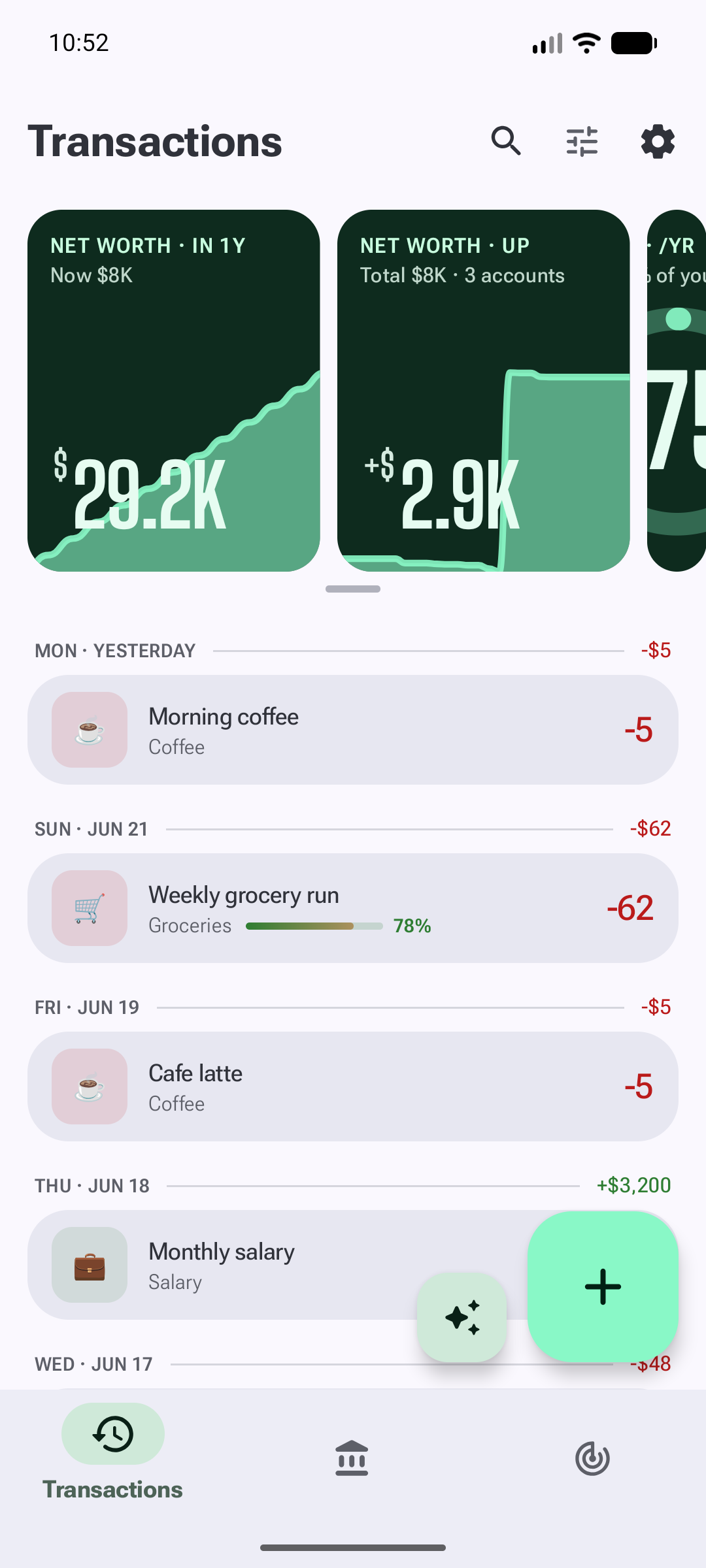 Transactions and net worth